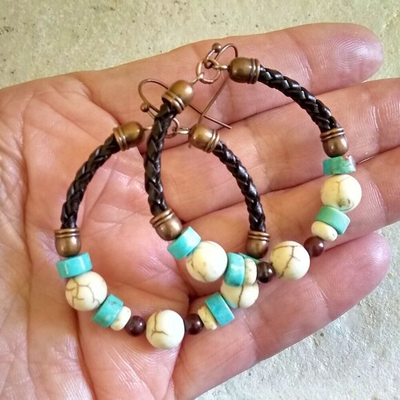 Rustic SouthWestern Flair! Leather + Jasper + Turquoise Howlite Hoop Earrings - Picture 4 of 11